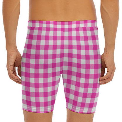 Hot Pink And White Buffalo Check Print Men's Long Boxer Briefs