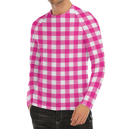 Hot Pink And White Buffalo Check Print Men's Long Sleeve Rash Guard