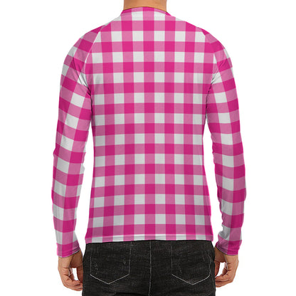 Hot Pink And White Buffalo Check Print Men's Long Sleeve Rash Guard