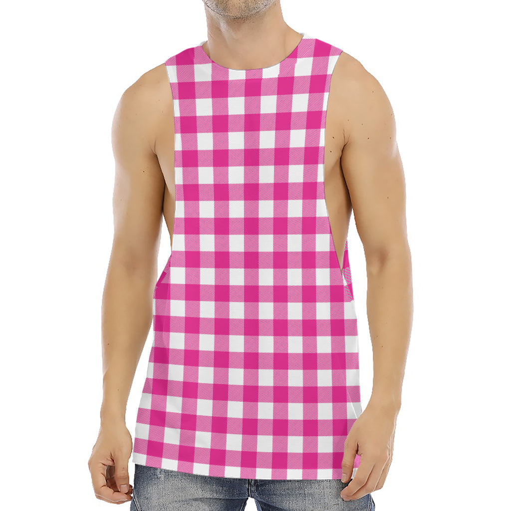 Hot Pink And White Buffalo Check Print Men's Muscle Tank Top