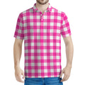 Hot Pink And White Buffalo Check Print Men's Polo Shirt