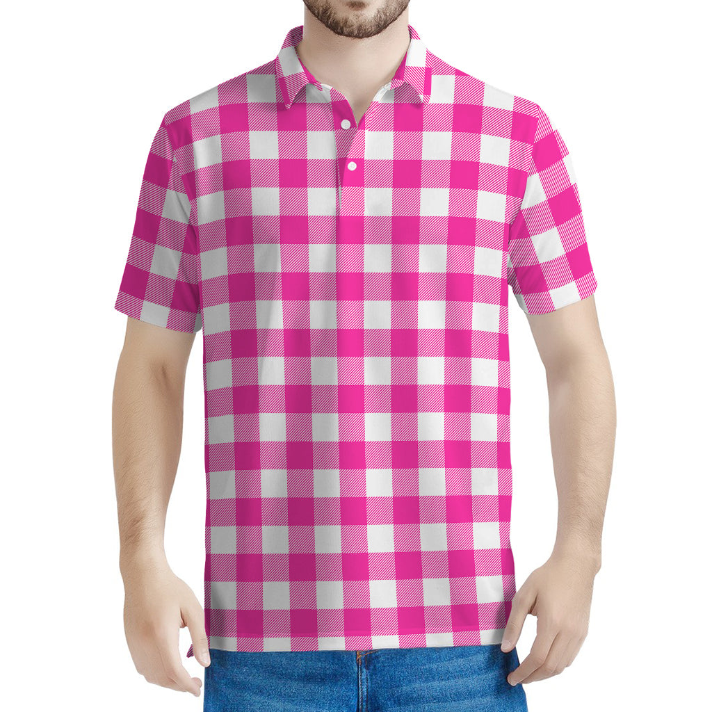Hot Pink And White Buffalo Check Print Men's Polo Shirt