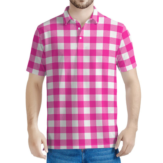 Hot Pink And White Buffalo Check Print Men's Polo Shirt