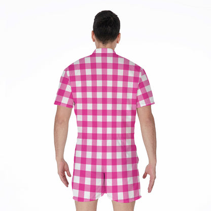 Hot Pink And White Buffalo Check Print Men's Rompers