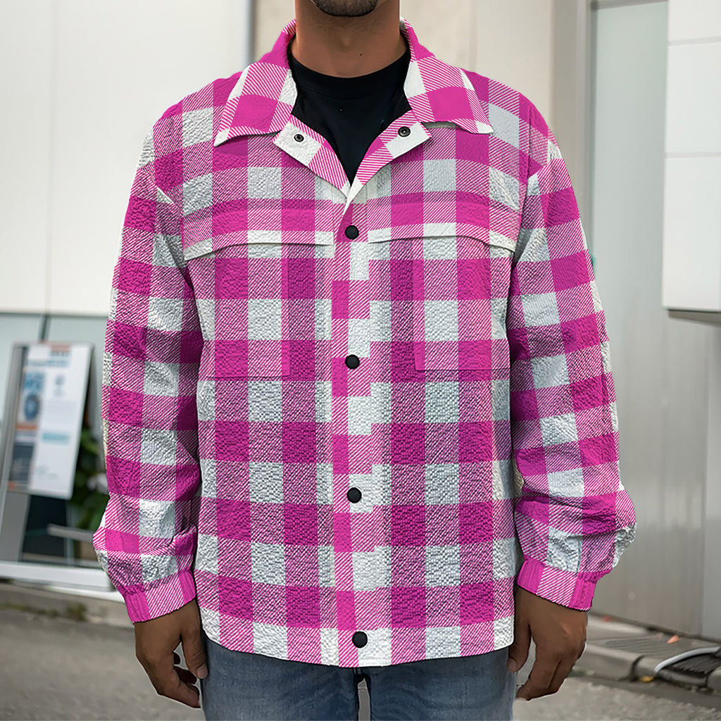 Hot Pink And White Buffalo Check Print Men's Shirt Jacket