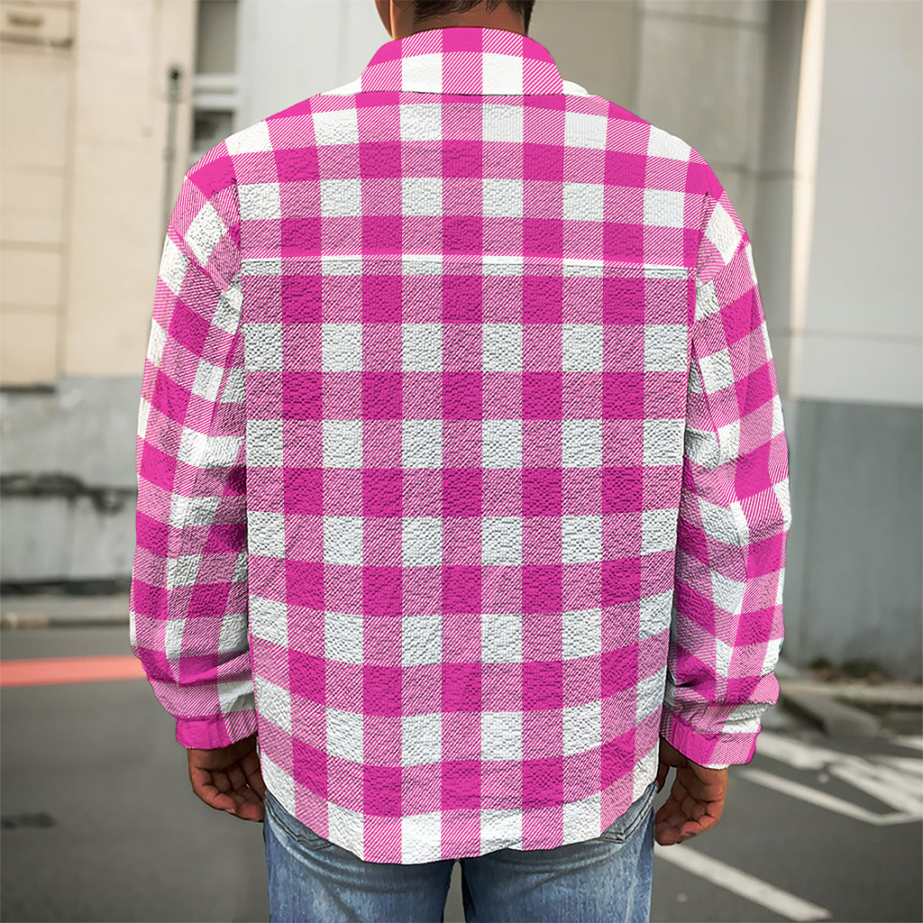 Hot Pink And White Buffalo Check Print Men's Shirt Jacket