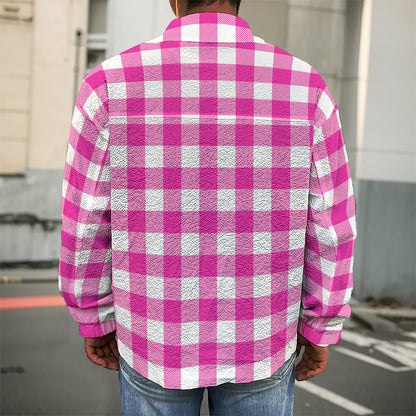 Hot Pink And White Buffalo Check Print Men's Shirt Jacket
