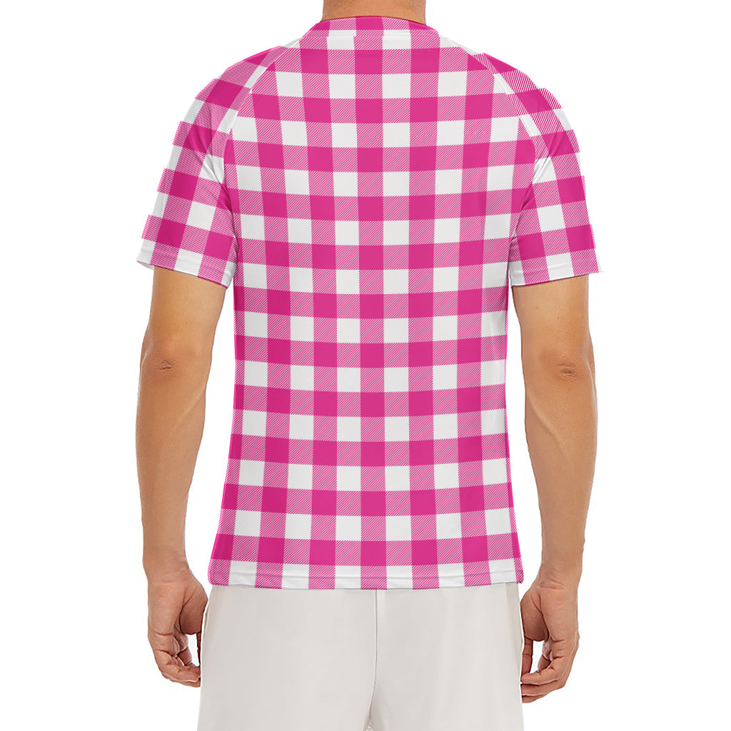 Hot Pink And White Buffalo Check Print Men's Short Sleeve Rash Guard
