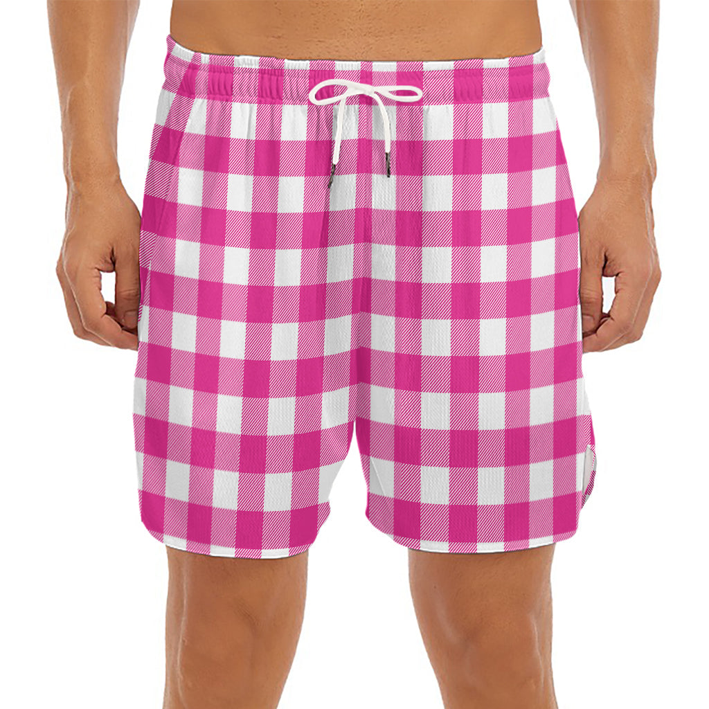 Hot Pink And White Buffalo Check Print Men's Split Running Shorts