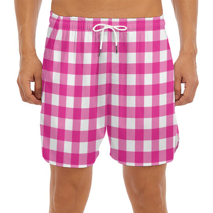 Hot Pink And White Buffalo Check Print Men's Split Running Shorts