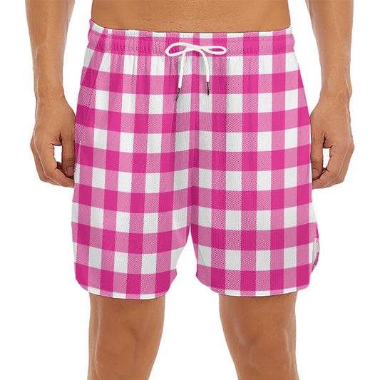 Hot Pink And White Buffalo Check Print Men's Split Running Shorts