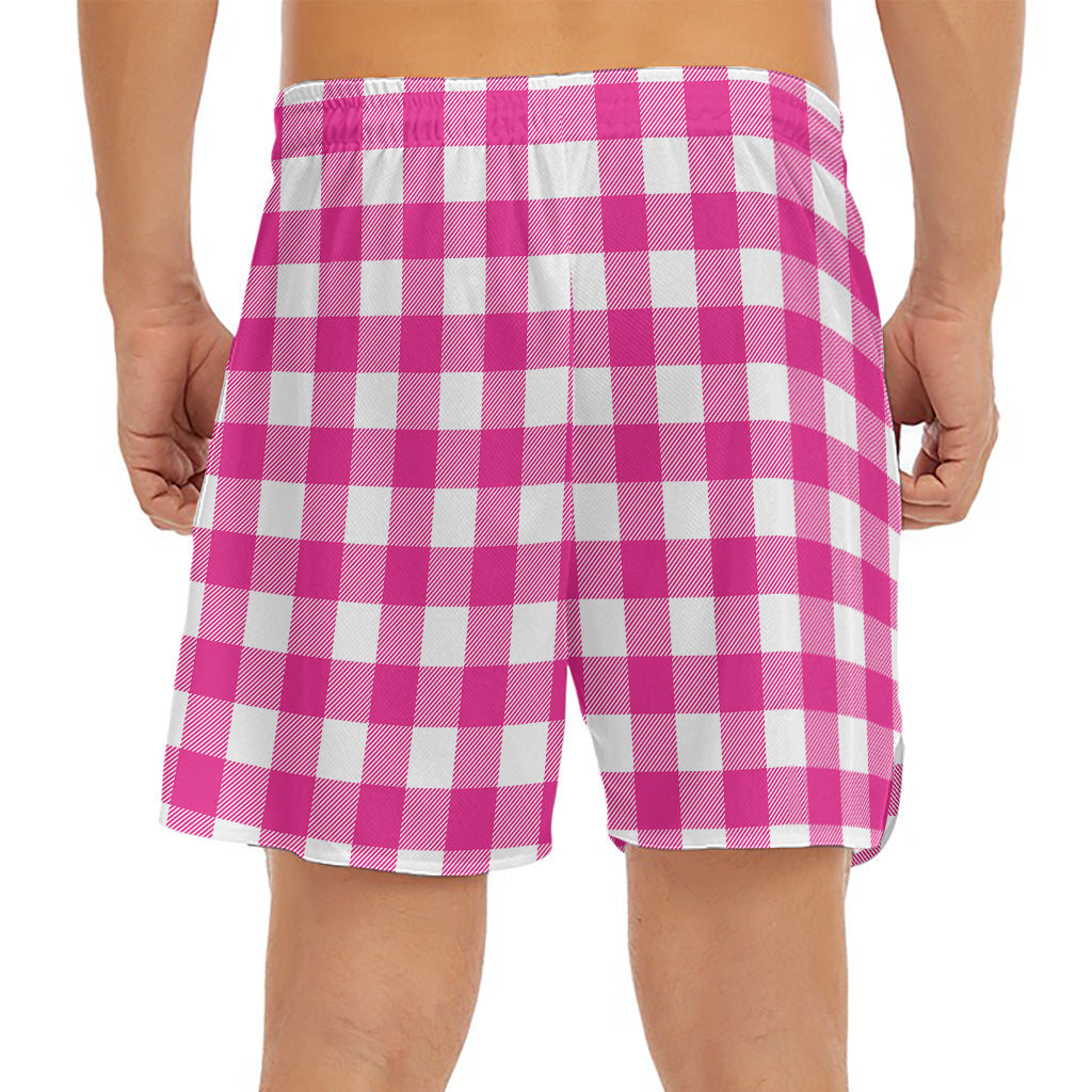 Hot Pink And White Buffalo Check Print Men's Split Running Shorts