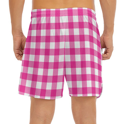 Hot Pink And White Buffalo Check Print Men's Split Running Shorts