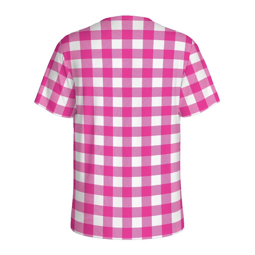 Hot Pink And White Buffalo Check Print Men's Sports T-Shirt