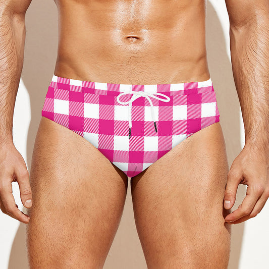Hot Pink And White Buffalo Check Print Men's Swim Briefs