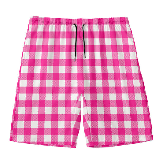 Hot Pink And White Buffalo Check Print Men's Swim Trunks