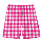 Hot Pink And White Buffalo Check Print Men's Swim Trunks
