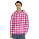 Hot Pink And White Buffalo Check Print Men's Velvet Pullover Hoodie
