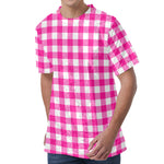 Hot Pink And White Buffalo Check Print Men's Velvet T-Shirt