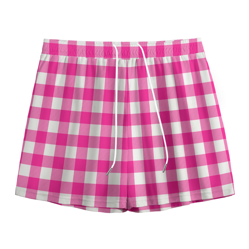 Hot Pink And White Buffalo Check Print Mesh Shorts