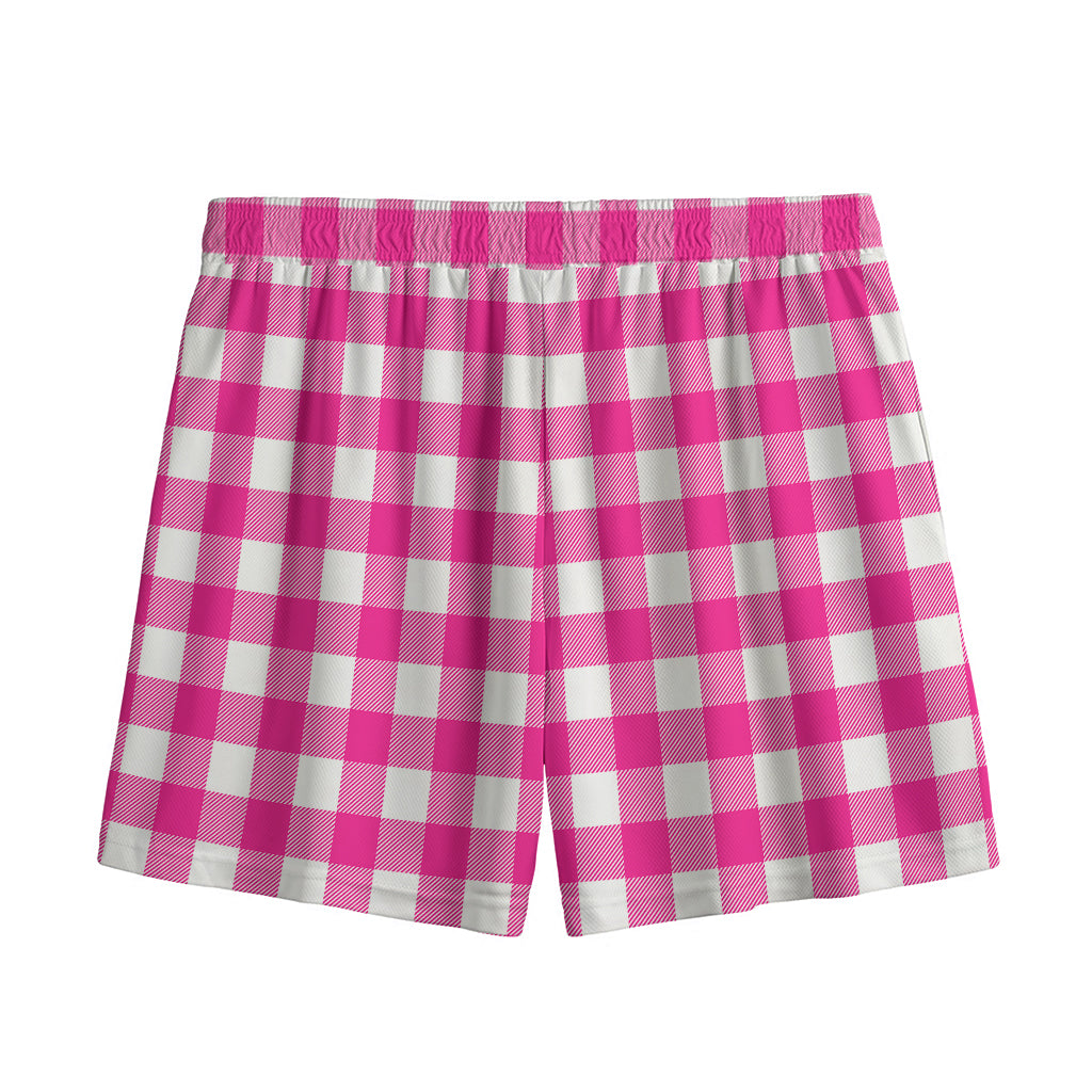 Hot Pink And White Buffalo Check Print Mesh Shorts