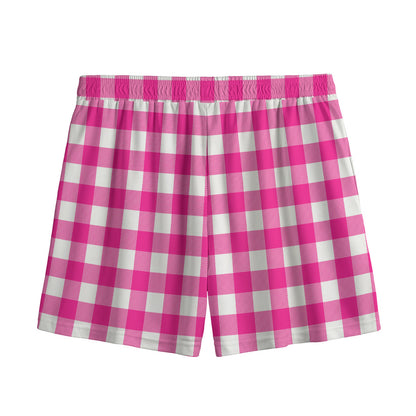 Hot Pink And White Buffalo Check Print Mesh Shorts