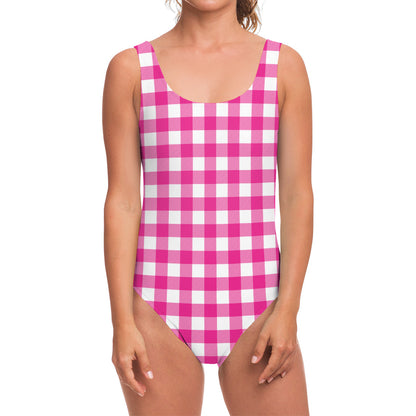 Hot Pink And White Buffalo Check Print One Piece Swimsuit