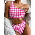 Hot Pink And White Buffalo Check Print One Shoulder Bikini Set