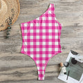 Hot Pink And White Buffalo Check Print One Shoulder Bodysuit