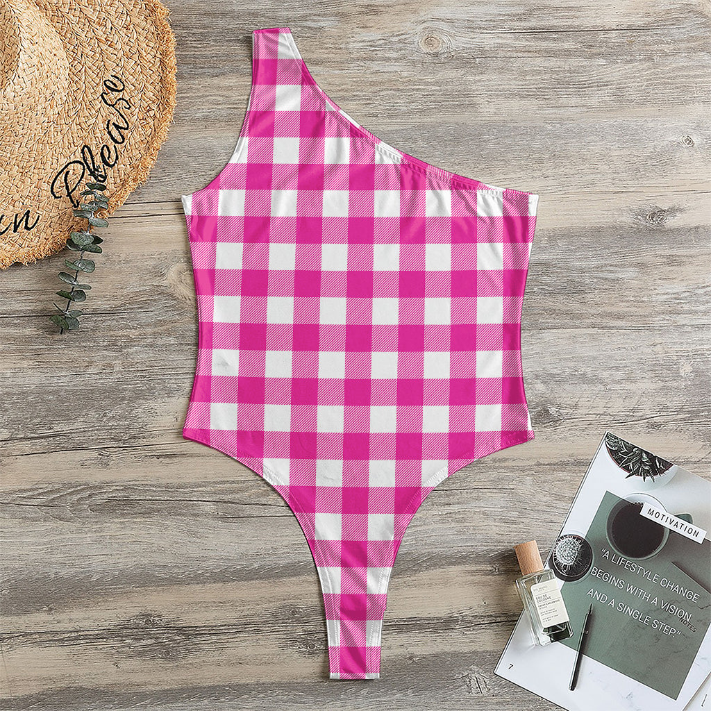 Hot Pink And White Buffalo Check Print One Shoulder Bodysuit