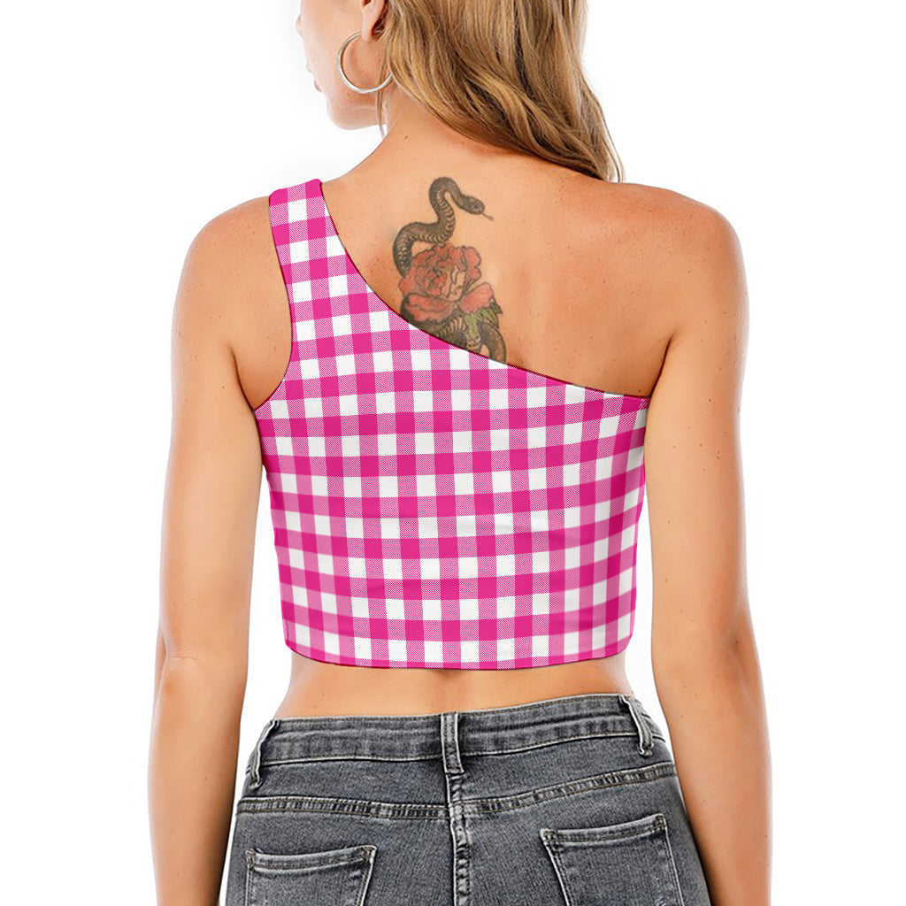 Hot Pink And White Buffalo Check Print One Shoulder Crop Top