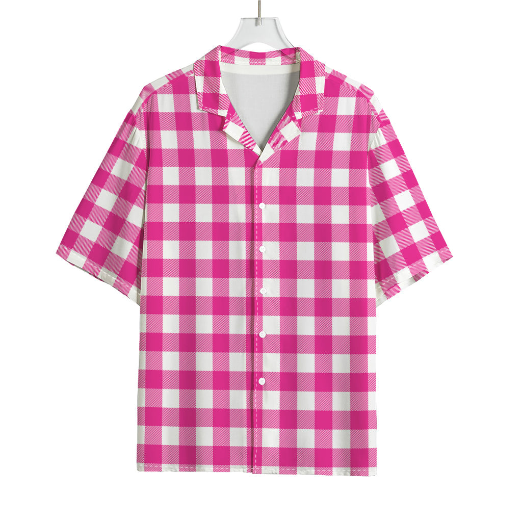 Hot Pink And White Buffalo Check Print Rayon Hawaiian Shirt