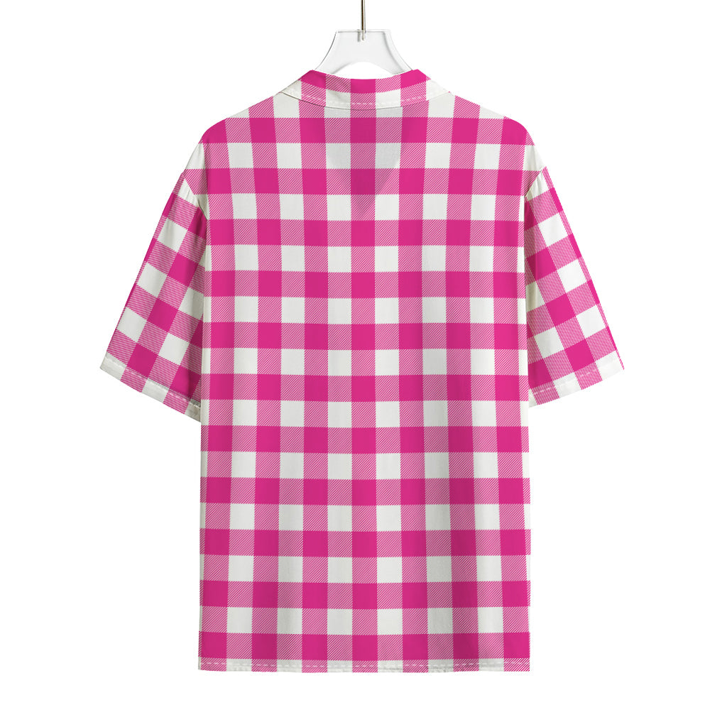 Hot Pink And White Buffalo Check Print Rayon Hawaiian Shirt
