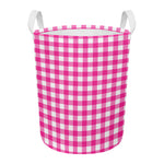 Hot Pink And White Buffalo Check Print Round Laundry Basket