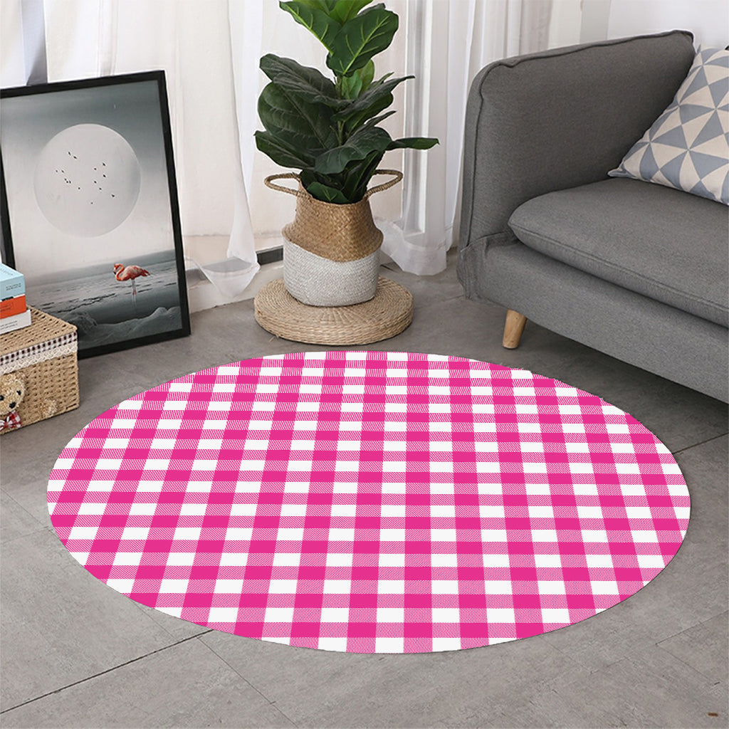 Hot Pink And White Buffalo Check Print Round Rug