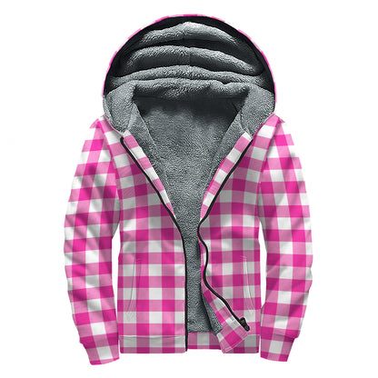 Hot Pink And White Buffalo Check Print Sherpa Lined Zip Up Hoodie