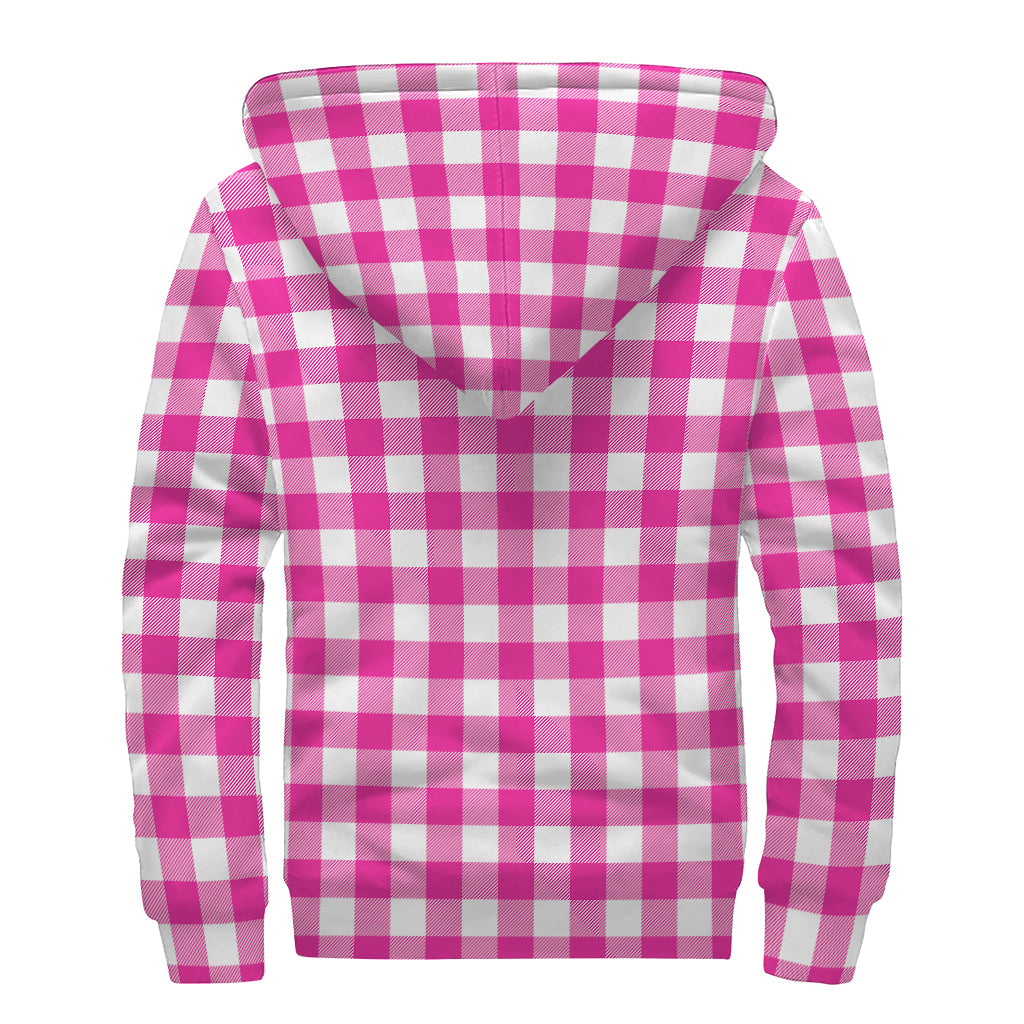 Hot Pink And White Buffalo Check Print Sherpa Lined Zip Up Hoodie