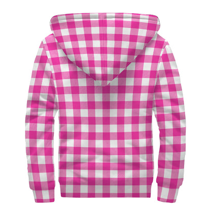 Hot Pink And White Buffalo Check Print Sherpa Lined Zip Up Hoodie