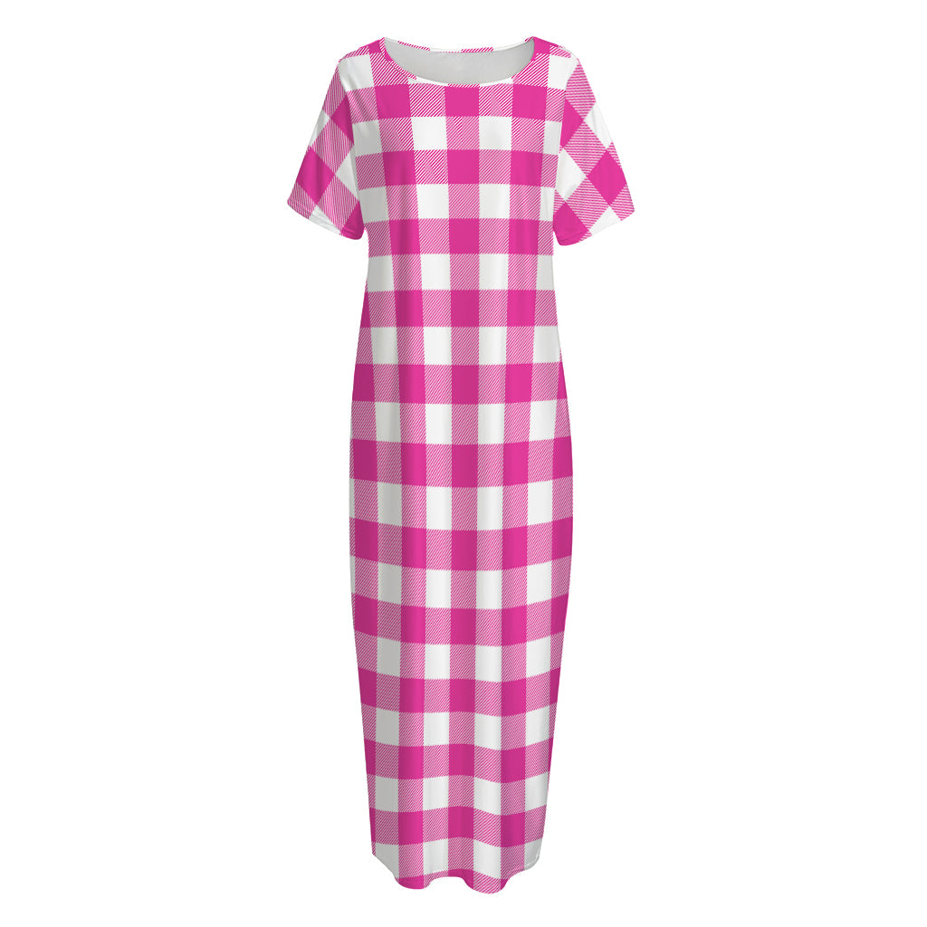 Hot Pink And White Buffalo Check Print Short Sleeve Long Nightdress