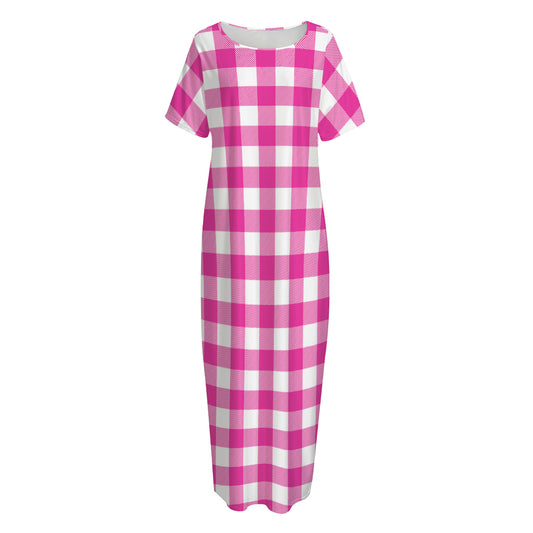 Hot Pink And White Buffalo Check Print Short Sleeve Long Nightdress