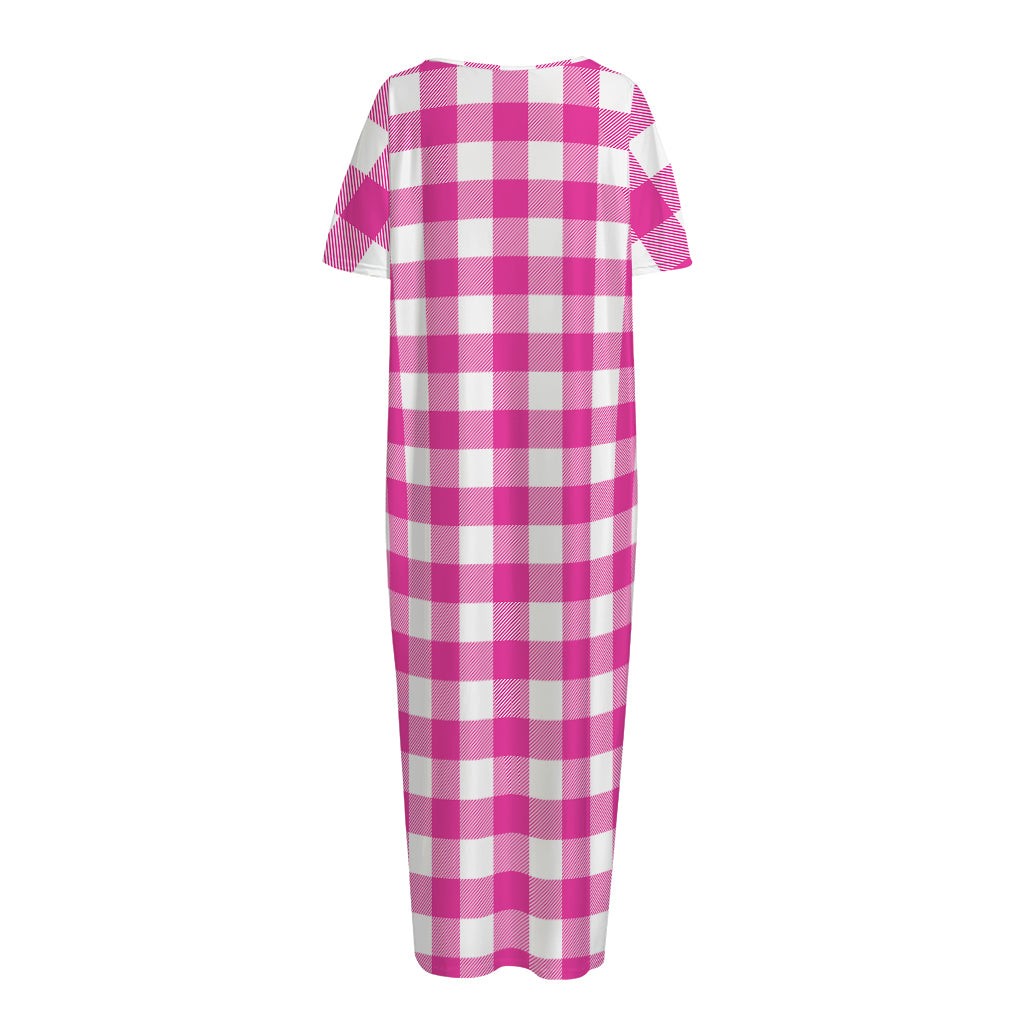 Hot Pink And White Buffalo Check Print Short Sleeve Long Nightdress