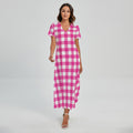 Hot Pink And White Buffalo Check Print Short Sleeve Maxi Dress