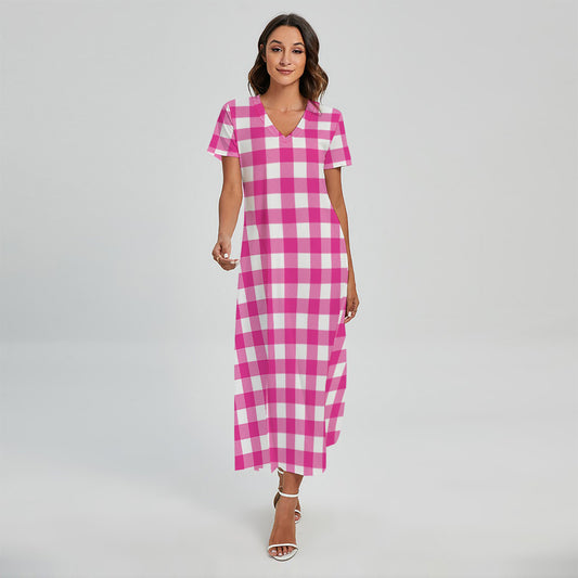 Hot Pink And White Buffalo Check Print Short Sleeve Maxi Dress