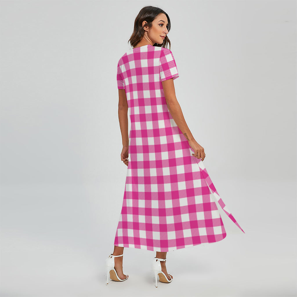 Hot Pink And White Buffalo Check Print Short Sleeve Maxi Dress