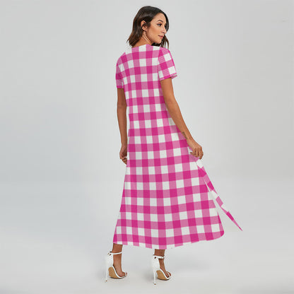 Hot Pink And White Buffalo Check Print Short Sleeve Maxi Dress