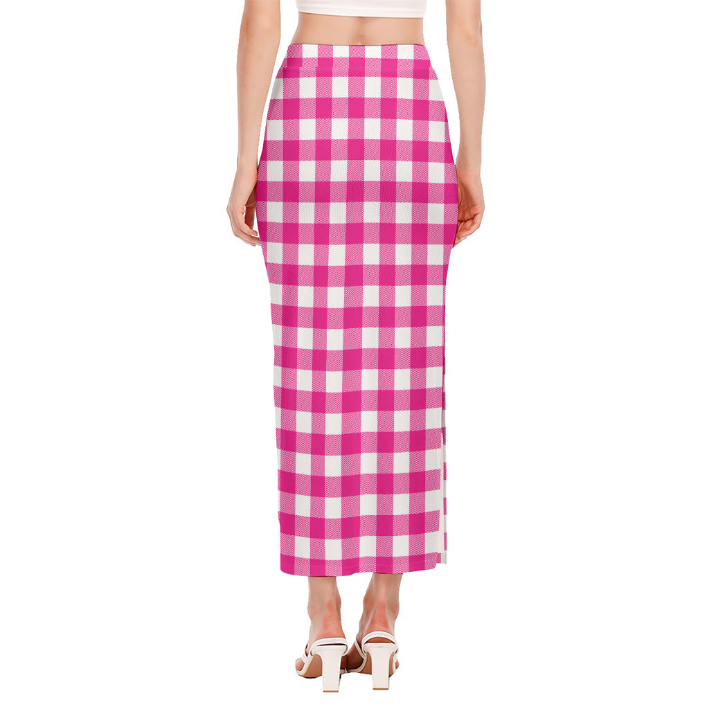 Hot Pink And White Buffalo Check Print Side Slit Maxi Skirt