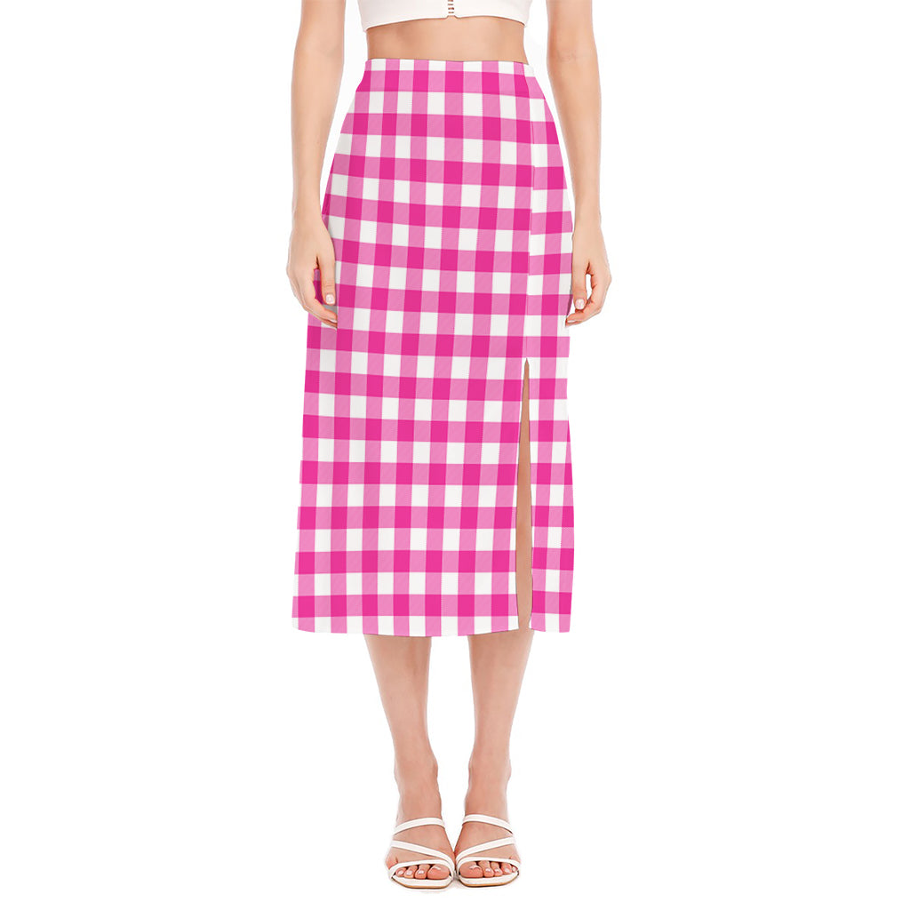Hot Pink And White Buffalo Check Print Side Slit Midi Skirt