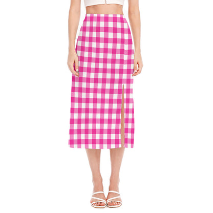 Hot Pink And White Buffalo Check Print Side Slit Midi Skirt