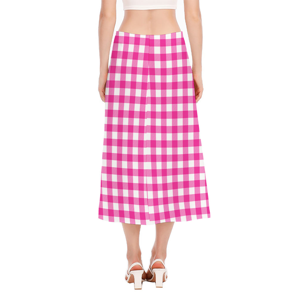 Hot Pink And White Buffalo Check Print Side Slit Midi Skirt
