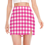 Hot Pink And White Buffalo Check Print Side Slit Mini Skirt